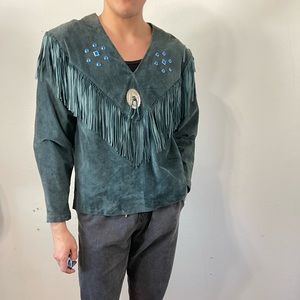 Leather Pullover Jacket with Fringe and Jewel details